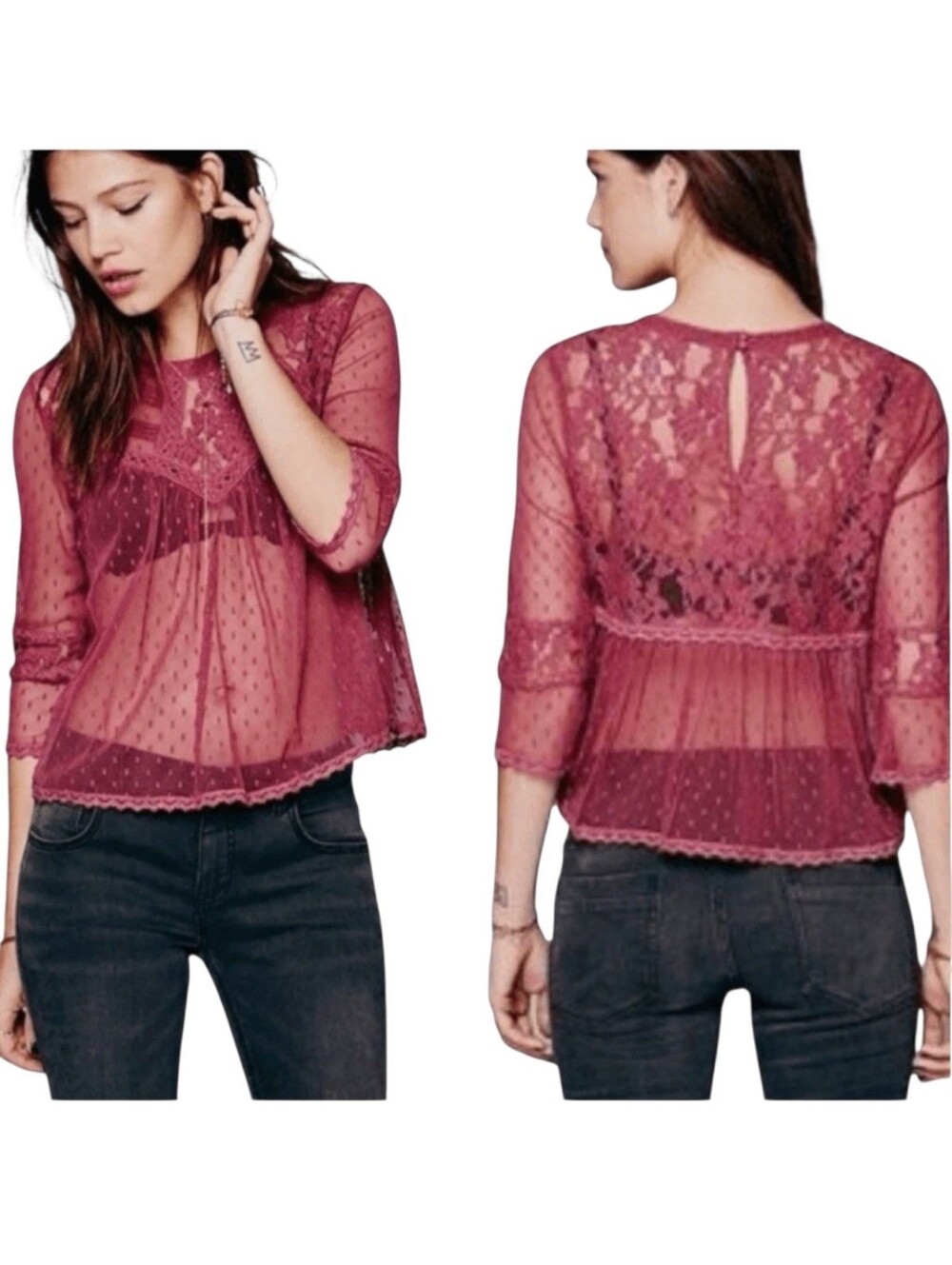 Free People Modern Romance Dusty Rose Swiss Dot Lace Sheer Boho Blouse S